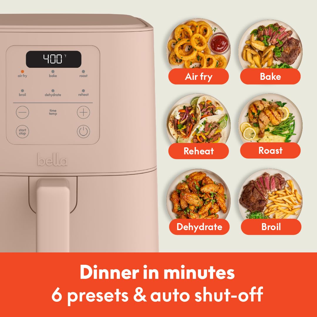 Bella 4Qt Slim Air Fryer, Fits-Anywhere Kitchenware, Evergood Ceramic Nonstick Coating, Adjustable Temperature, 6 Preset Cooking